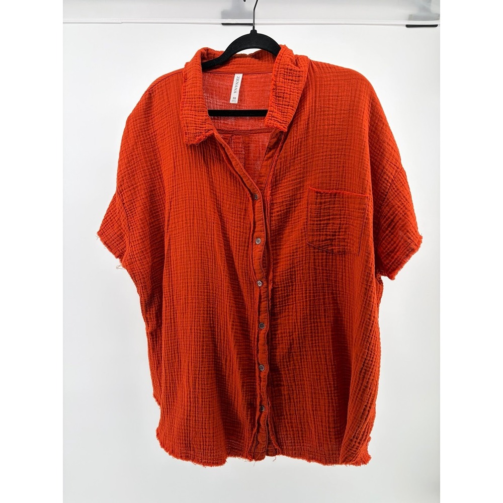 Zenana Burnt Orange Short Sleeve Shirt, Frayed Hem & Sleeve, Women's Sz 3X S161